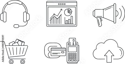 Thin Line Business Icons Set with Communication and Commerce