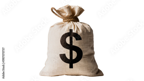 Photography Burlap money bag with dollar sign, isolated on transparent background