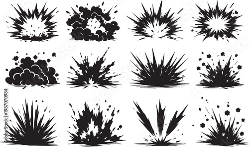 Heavy excavator silhouette set, industrial construction machinery icons, 6 vector digging equipment illustrations for civil engineering projects