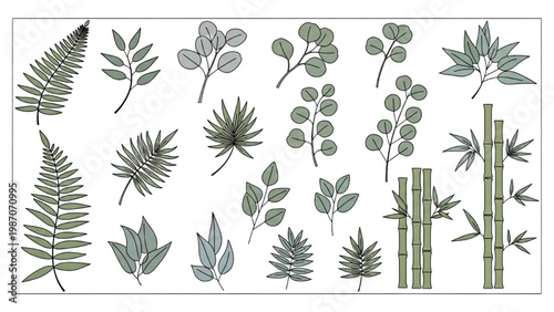Botanical Garden Icon Sheet with Fern Fronds Eucalyptus and Bamboo Stalks, Muted Natural Colors, Clean Vector Lines, Floral Set on White Background
