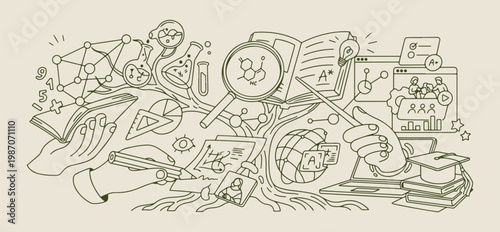 Science laboratory and research vector sketch, hand drawn biology experiment line art, medical laboratory tools illustration, scientific study and education drawing, modern technology research graphic