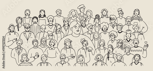 Large crowd of people portrait vector, hand drawn diverse community line art, multicultural society group sketch, social gathering human figures illustration, collective population portrait drawing, m