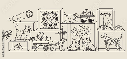 Garden tools and dog vector illustration, hand drawn backyard hobby line art, spring gardening lifestyle sketch, loyal pet dog in garden drawing, organic farming and pet life graphics, domestic outdoo