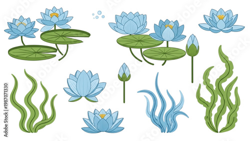 Aquatic Plant Icon Collection with Water Lilies Lotus and Seaweed, Calming Blue and Green Tones, Flat Vector Style, Pond Flora on White Background