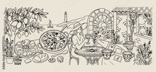 Romantic coastal date and dining sketch, hand drawn seaside couple restaurant art, Mediterranean outdoor dinner illustration, ocean view holiday lifestyle drawing, summer vacation romantic evening gra