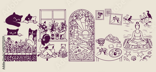 Cozy indoor window view with houseplants, hand drawn interior scenery line art, aesthetic home decor and plants sketch, peaceful room atmosphere drawing elements, domestic life tranquility illustratio