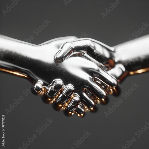 A metallic handshake sculpture symbolizing agreement, cooperation, and partnership against dark background