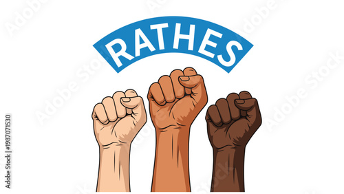 Three raised fists with diverse skin tones under a 'rathes' banner, symbolizing unity and strength.