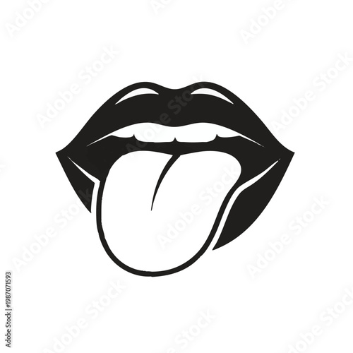 Black lips, tongue out, mouth, face, icon, vector graphic, illustration, symbol