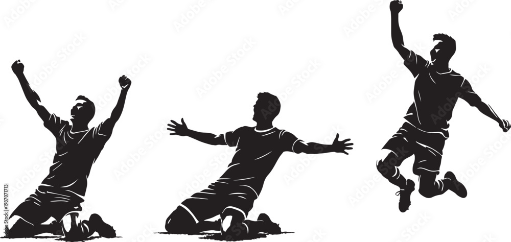 Obraz premium Athletic soccer player silhouettes celebrating goal, football players in winning poses, black and white sports vector set for competition and victory