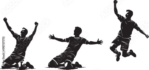 Athletic soccer player silhouettes celebrating goal, football players in winning poses, black and white sports vector set for competition and victory