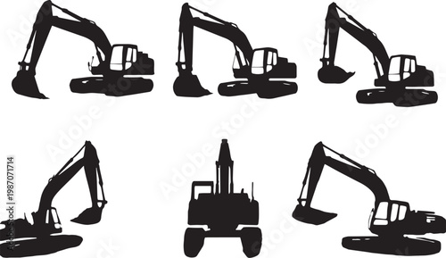 Heavy excavator silhouette set, industrial construction machinery icons, 6 vector digging equipment illustrations for civil engineering projects