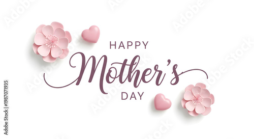Happy mothers day greeting card with pink flowers and hearts isolated on white background