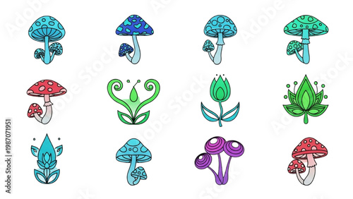 Fantasy Glowing Plant Icons, Bioluminescent Mushrooms and Alien Flora, Neon Colors, Clean Vector Shapes, Futuristic Botanical Set on White Background