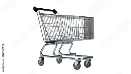 Empty metal shopping cart with black handles, isolated on transparent background