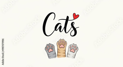 Cute Cats Paw Print Typography Design with Heart Funny Cat Lover Illustration for T Shirt and Sticker