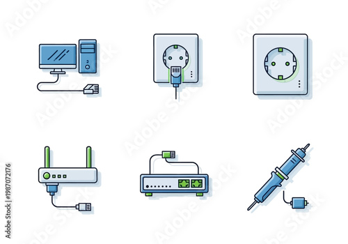 Collection of electrical and computer-related icons including a desktop computer, power socket, modem, and soldering iron