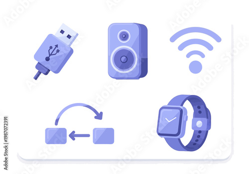 Collection of modern digital technology icons including USB, speaker, wifi signal, data transfer and smartwatch