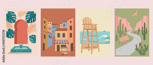 Lifeguard chair beach landscape, summer coastal vacation art, minimal seaside illustration, ocean shore travel poster, tropical holiday scenery, beach house decor, sunny sand beach
