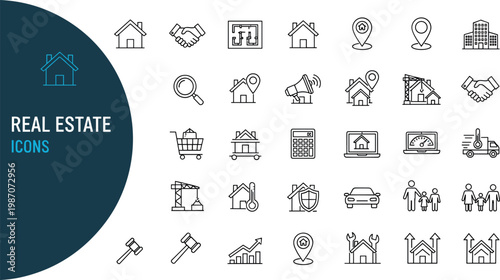 Real estate icon set with property house construction buying selling and investment symbols in outline style for business design