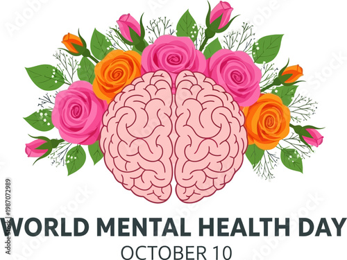 World Mental Health Day Vector Illustration with Brain and Floral Rose Bouquet on White Background