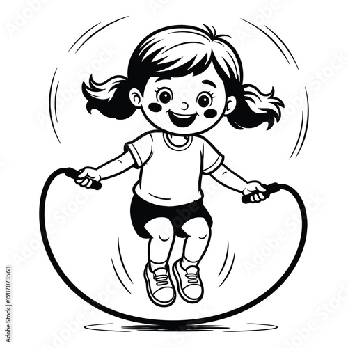 A cheerful young girl joyfully jumping rope within a circular frame silhouette