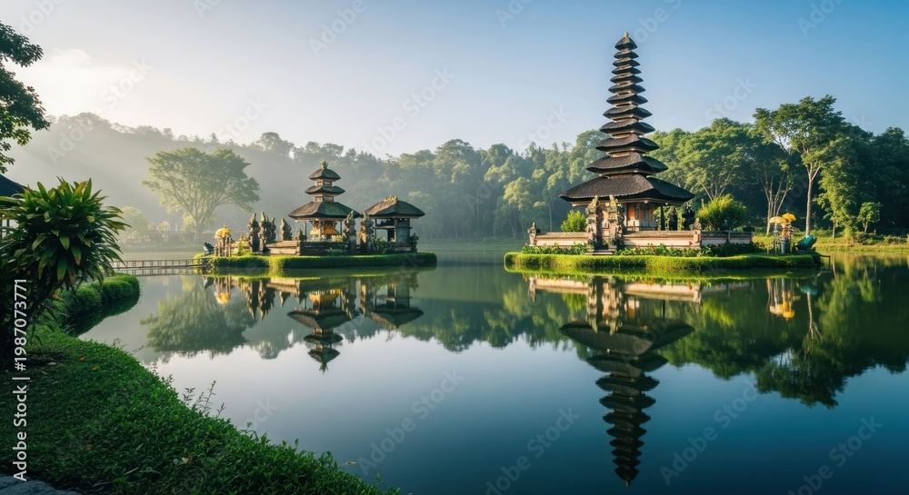 Obraz premium Scenic view of Ulun Danu Beratan Temple reflecting in lake Bali.