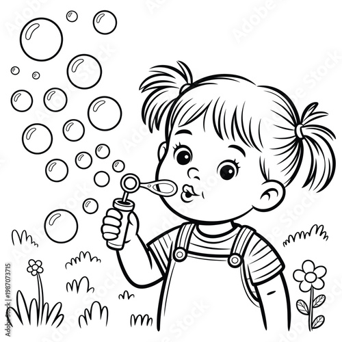 A young girl blows bubbles amidst flowers and foliage a charming black outline silhouette