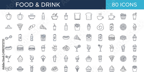 Food and drink icon set with fast food beverages desserts and restaurant menu symbols in outline style for design
