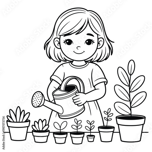 A young girl cheerfully waters potted plants in a simple outlined illustration silhouette