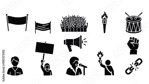 Set of black protest and demonstration icons with crowd, megaphone, torch, banners and fist.