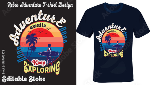 Vintage Retro Sunset Surfing Adventure T-shirt Design