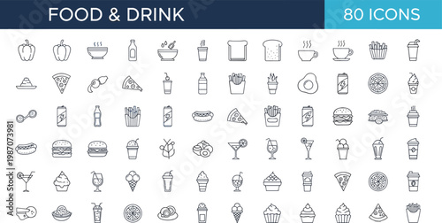 Food and drink icon set with fast food beverages desserts and restaurant menu symbols in outline style for design