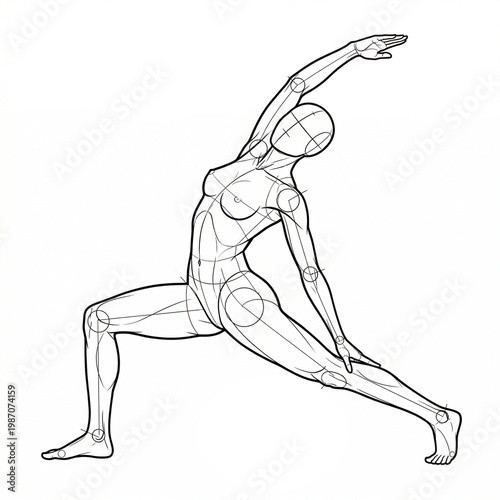 Anime female body base reverse warrior yoga lunge dummy drawing.