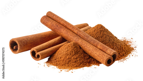 Konstfotografi Dried cinnamon sticks and ground cinnamon powder, isolated on transparent backgr