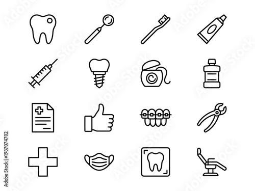 Dental care icons set vector illustration with x ray hand drawn pearly whites dental surgery cleaning mouthwash instrument illustration collection treatment orthodontics examination