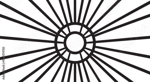 Black sunburst, radiant lines, geometric shape, abstract design element, vector graphic