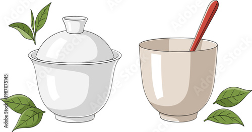 Herbal Medicine Preparation Illustration with Mortar and Pestle, Natural Leaves, Organic Remedies, Traditional Healing Tools, and Alternative Medicine Concept Design