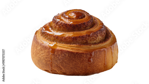 Foto Golden brown cinnamon roll with sticky caramel glaze, isolated on transparent ba
