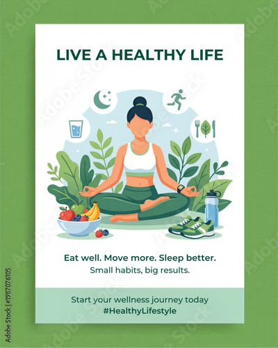 Live a Healthy Life Poster with Yoga Wellness Routine Fitness Nutrition Hydration Habits Lifestyle Flat Vector Illustration