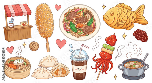 A vibrant collection of delicious Korean street food illustrations, featuring a food stall, corn dogs, noodles, fish-shaped pastries, skewers, and more.