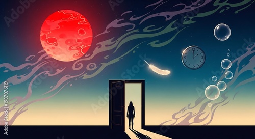 Wallpaper Mural Person stepping through doorway into celestial scene with red moon and bubbles floating Torontodigital.ca