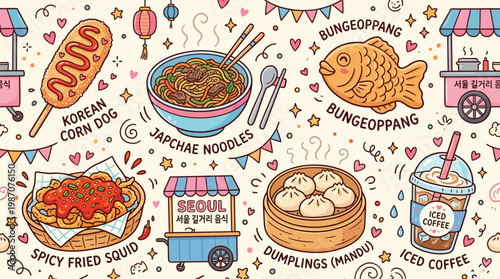 Vibrant illustration of popular Korean street food dishes and drinks, presented in a charming, colorful, and festive style.