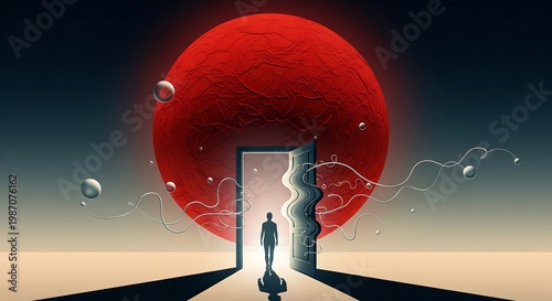 Wallpaper Mural A person walks towards a glowing doorway under a large red planet with Business career concept Torontodigital.ca