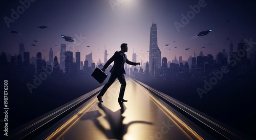 Wallpaper Mural Businessman walks confidently down city road towards futuristic skyline with briefcase Torontodigital.ca
