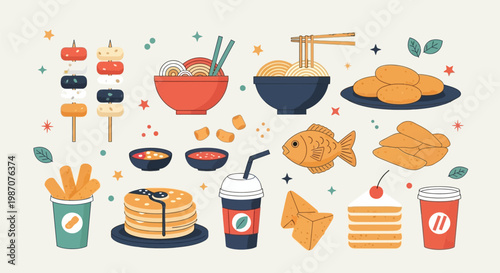 A vibrant and colorful illustration showcasing a diverse assortment of popular Asian street food dishes and desserts, presented in a flat design style.