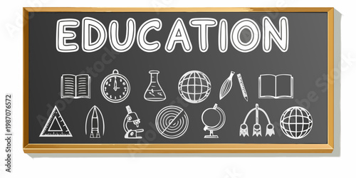 A chalkboard displays the word education with learning related doodles