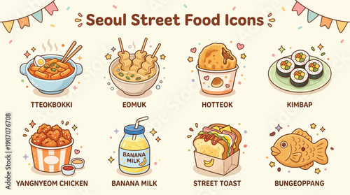 A vibrant collection of eight popular Seoul street food icons, including Tteokbokki, Eomuk, Hotteok, Kimbap, Yangnyeom Chicken, Banana Milk, Street Toast, and Bungeoppang.