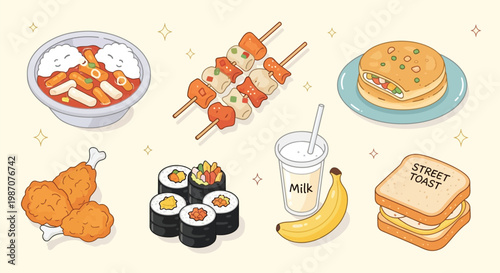 A vibrant and appetizing illustration showcasing a delightful assortment of popular Korean street food and snacks, presented in a charming, hand-drawn style.