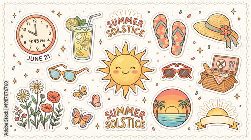 Cute cartoon summer solstice stickers collection with sun, lemonade, beach, flowers, and picnic items for seasonal celebration.